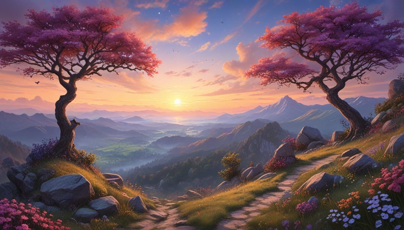 Spring Mountain Sunset in Holographic Style