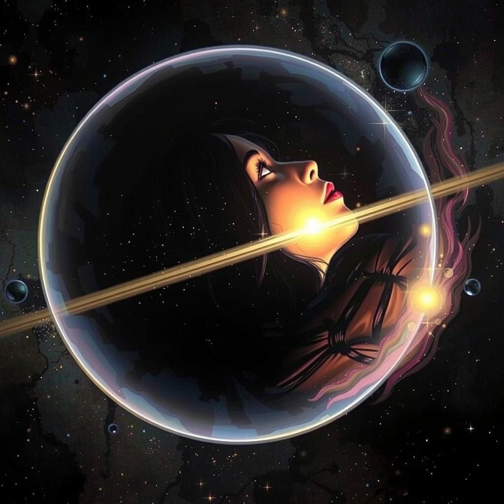 Serene Woman Contemplates the Cosmos in Whimsical Realism