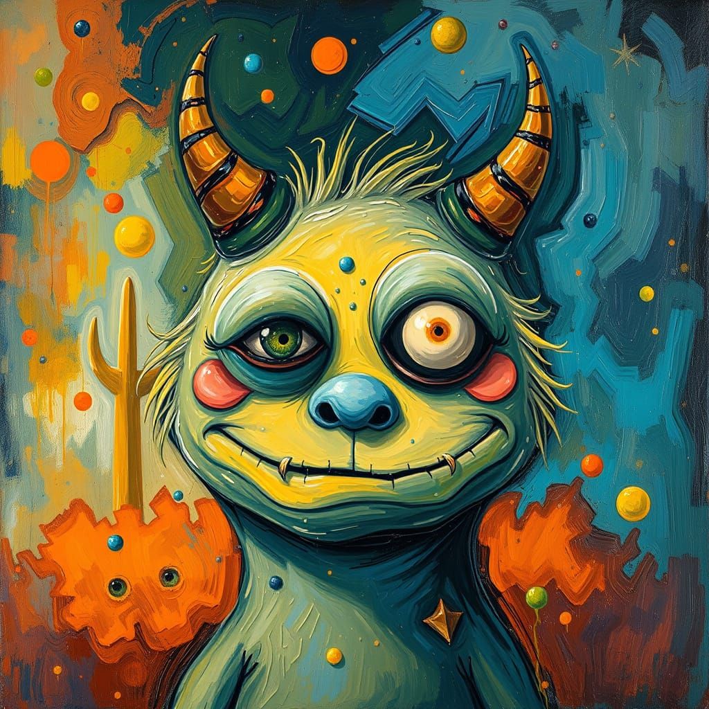 Whimsical Neo-Expressionist Monster in Dreamlike Landscape