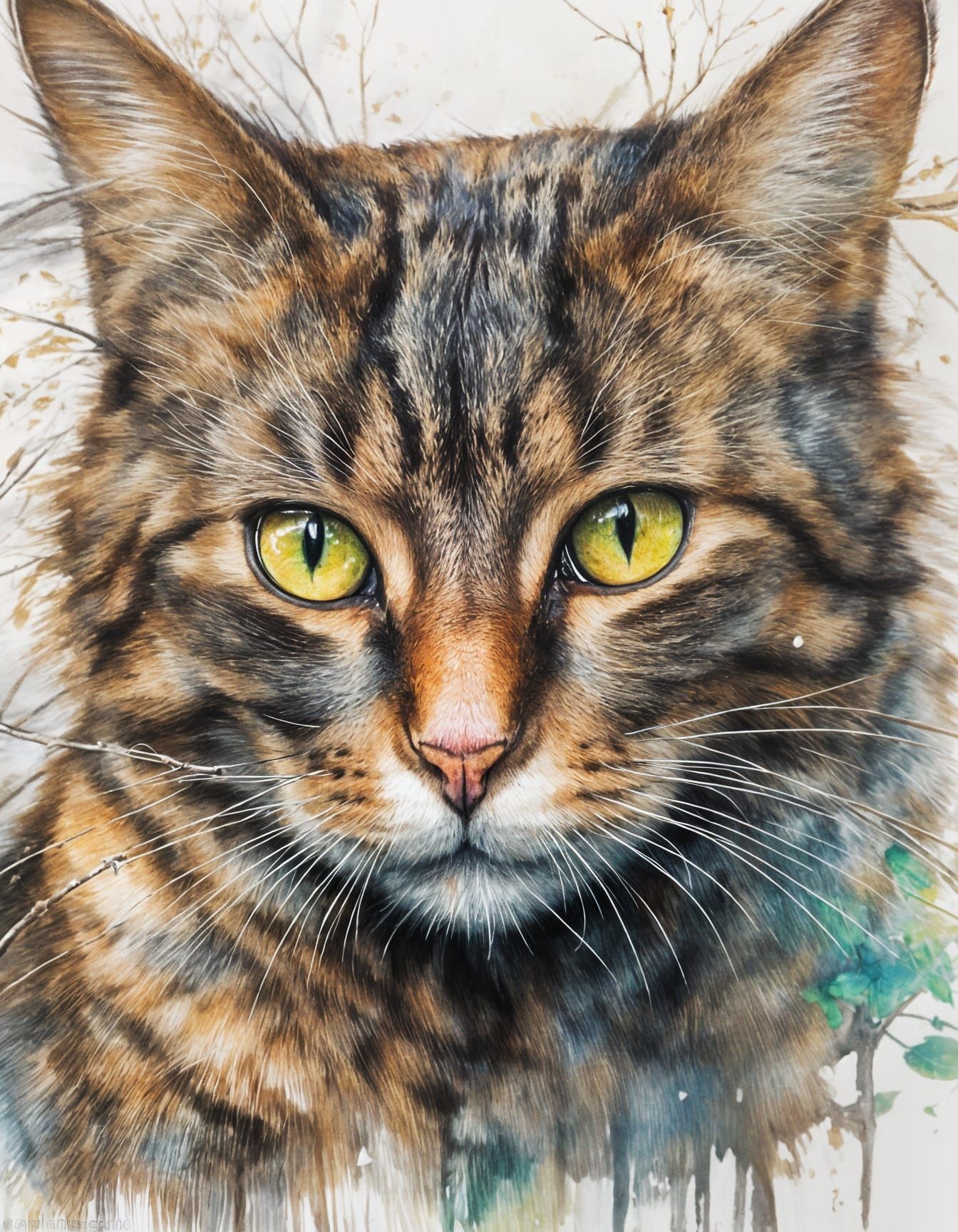 Tabby Cat Portrait in Watercolor Style