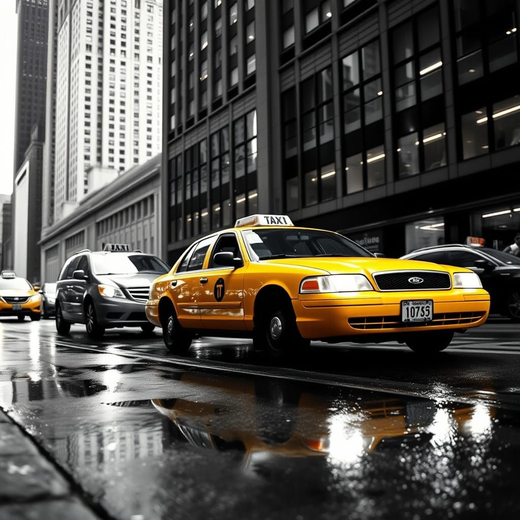 Art Deco Yellow Taxi Cab in Front of the Chrysler Building
