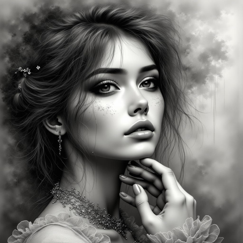 Surreal Monochrome Portrait of Woman in Dreamy Mist