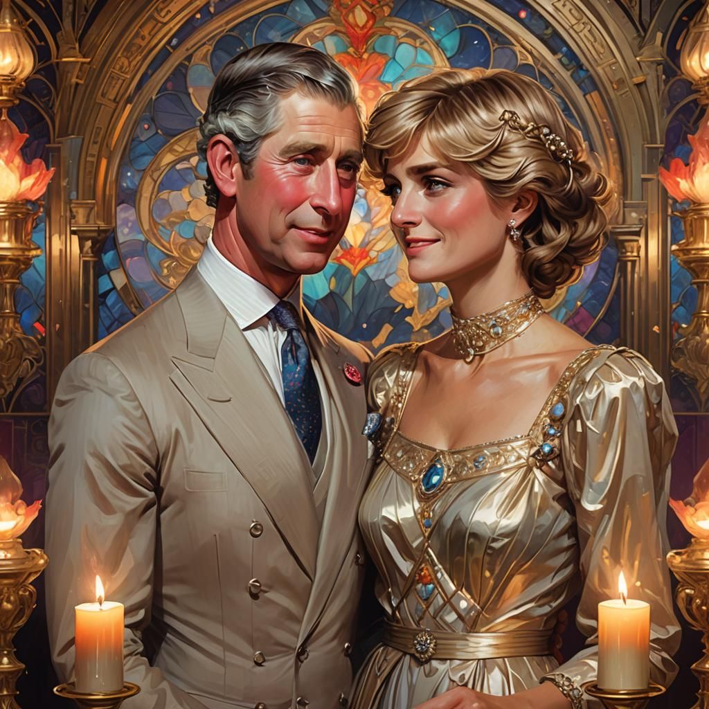 Regal Portrait of Charles and Diana in Art Nouveau Style