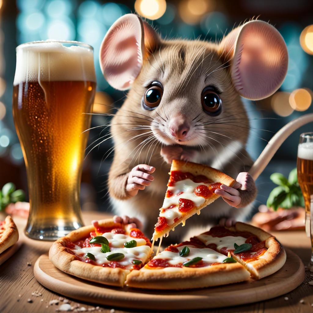 Mouse Enjoying Pizza Margherita in Restaurant: Realistic Ima...
