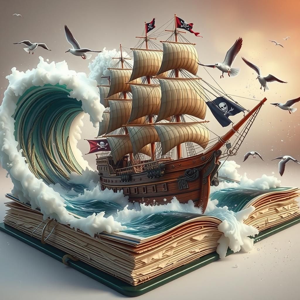 Pirate Ship Emerges from Book, Cinematic 3D Art