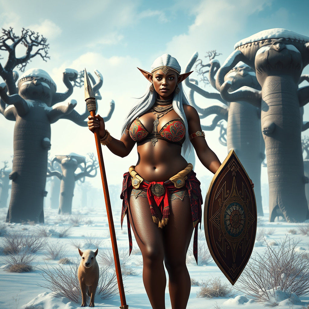 Albino Elf in Snowy African Savannah, Detailed Matte Paintin...