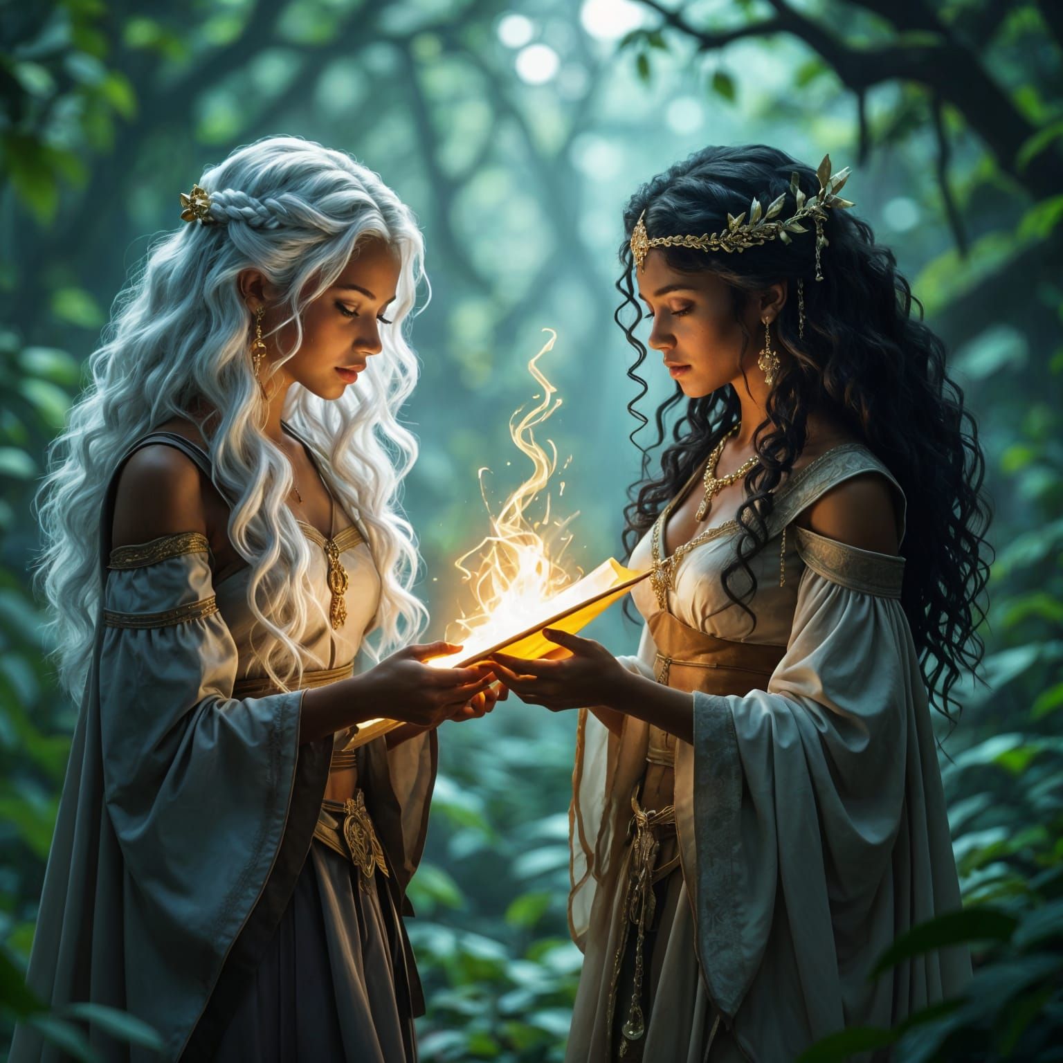 Dark Fantasy Scene: Warrior Girl & Princess With Magic Scrol...