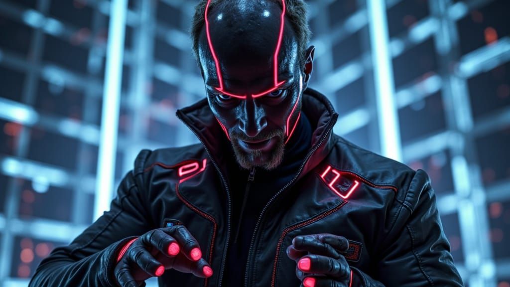 Sci-Fi Hero in Neon-Lit Futuristic Scene