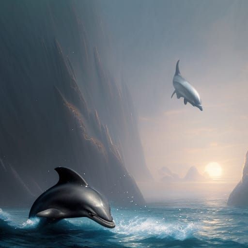 Dolphins in Dark Fantasy Style Digital Painting