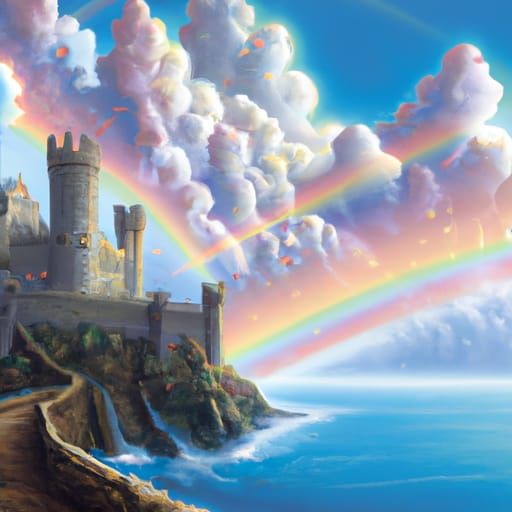 Surreal Castle with Rainbow, Fantasy Concept Art