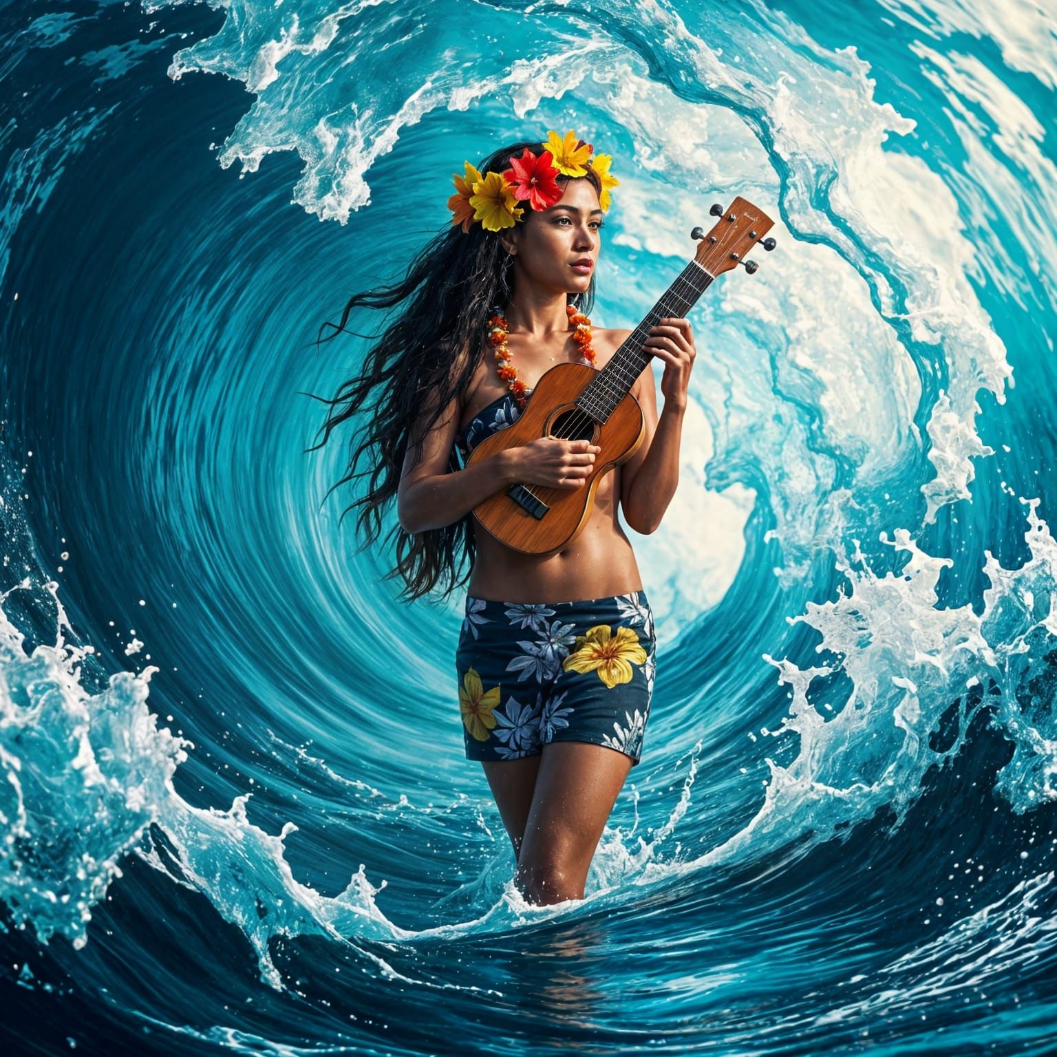 Vibrant Water Vortex Envelops Hawaiian Ukelele Player