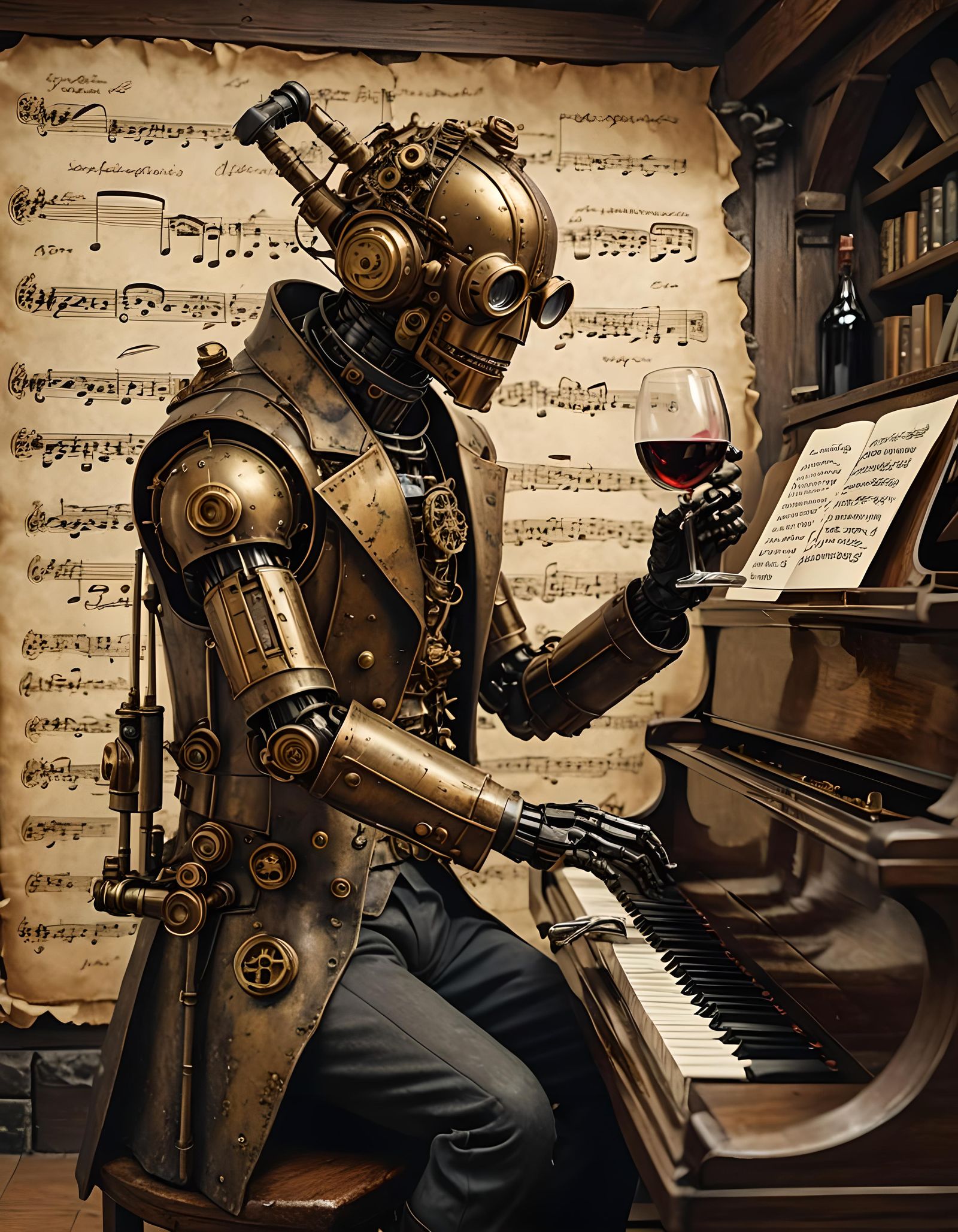 Steampunk Robot Conductor in Gothic Cellar