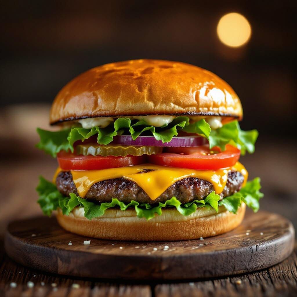 Juicy Cheeseburger on Rustic Board in Studio Lighting