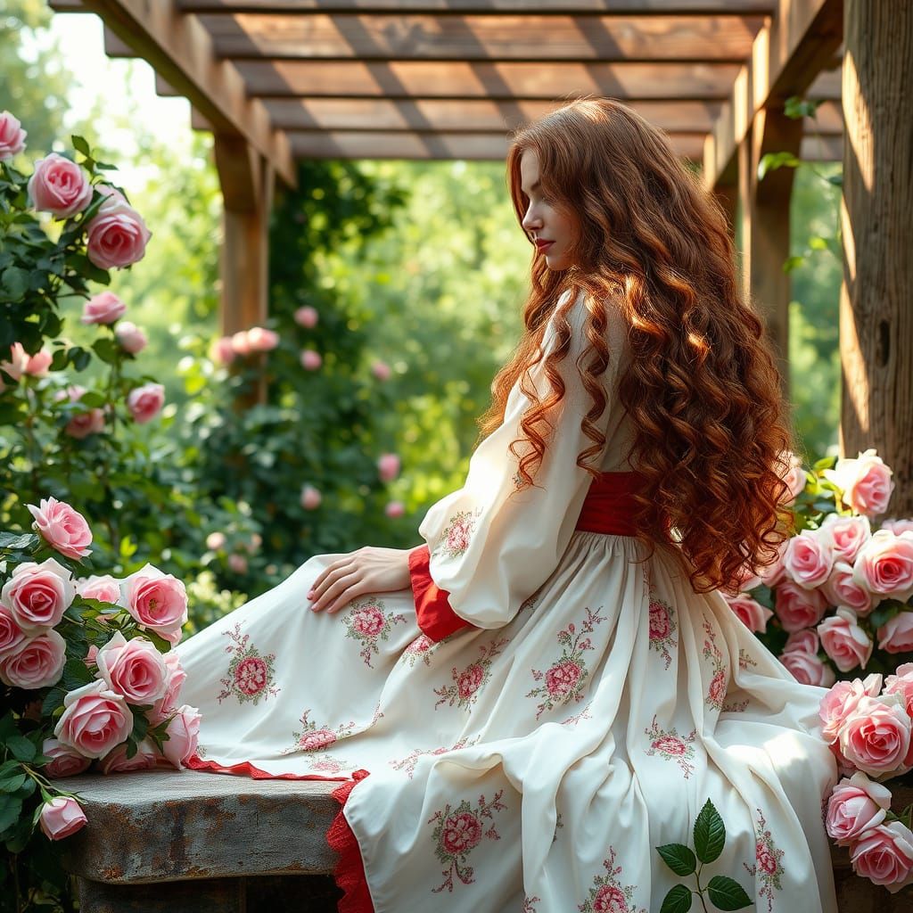 Woman in Classical Art Style with Auburn Hair and Floral Gow...