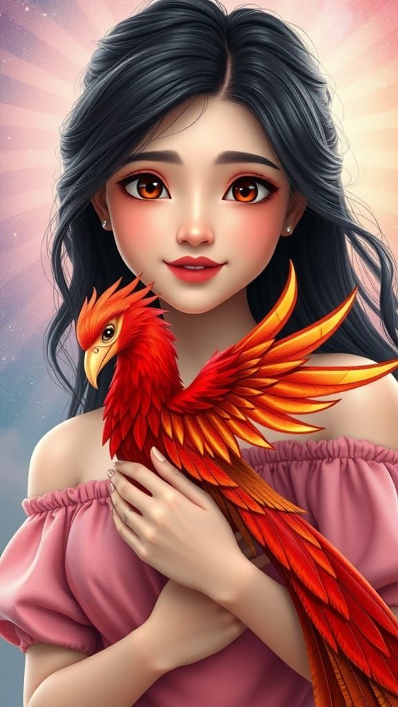 Stunning Woman with Phoenix in 3D Manga Anime Style
