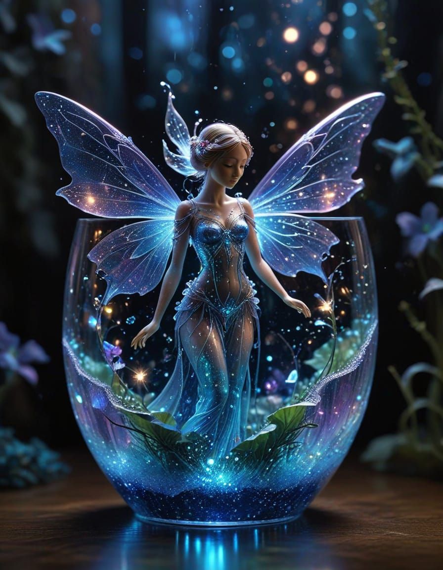 Ethereal Fairy Trapped in Crystal Vase with Magical Sparkles