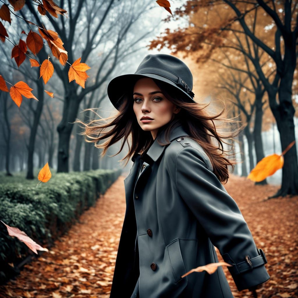 Cinematic Autumn Scene: Woman Battling High Winds