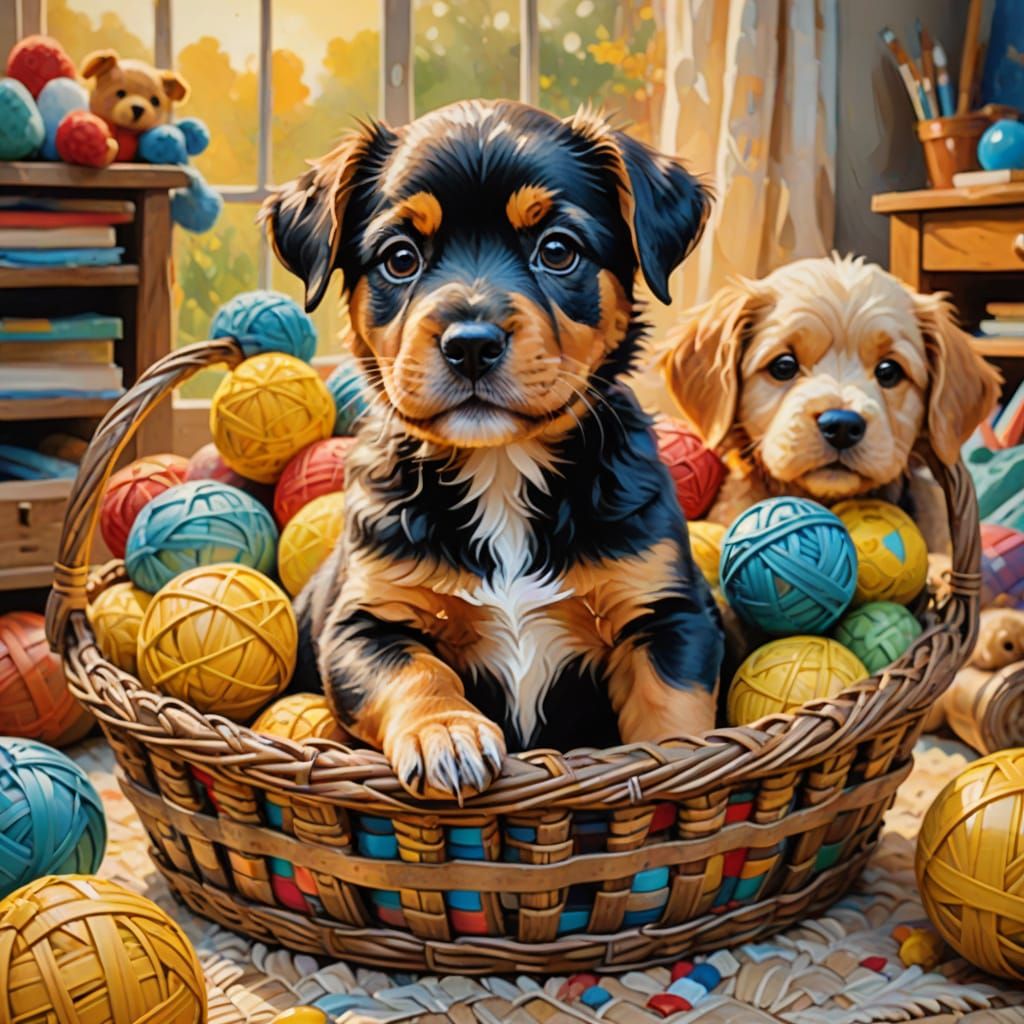 Whimsical Puppy Scene in Vibrant Oil Paint Style