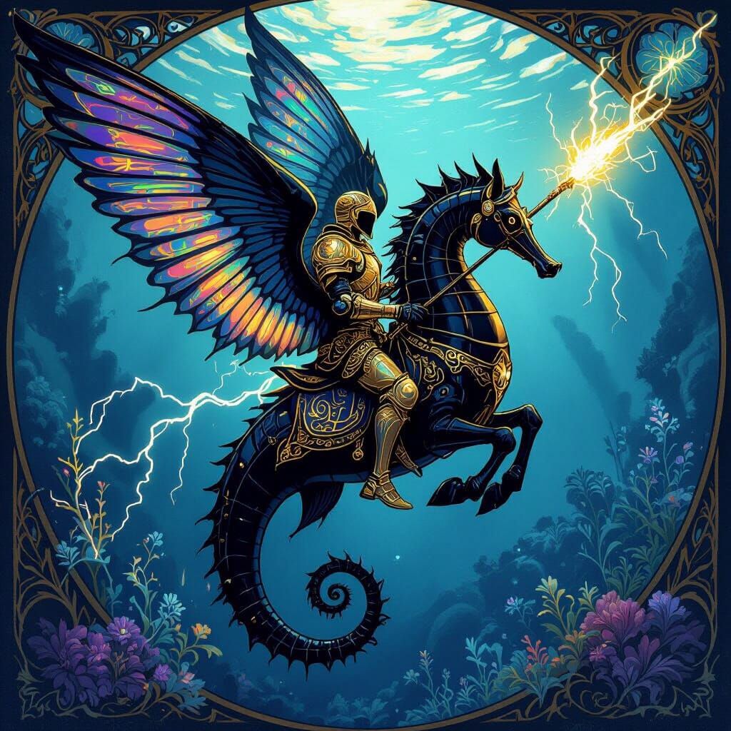 Knight Riding Winged Seahorse with Lightning Lance