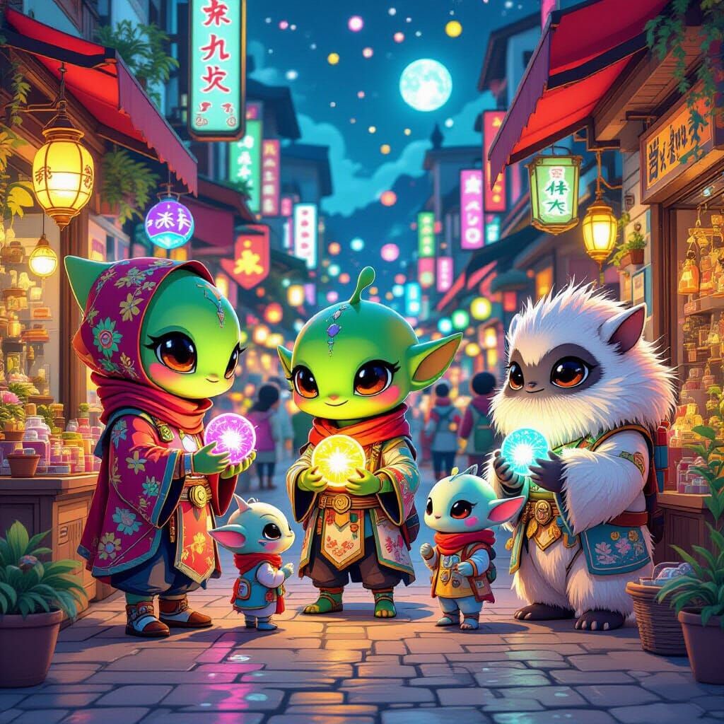 Chibi Alien Merchants in a Bustling Market