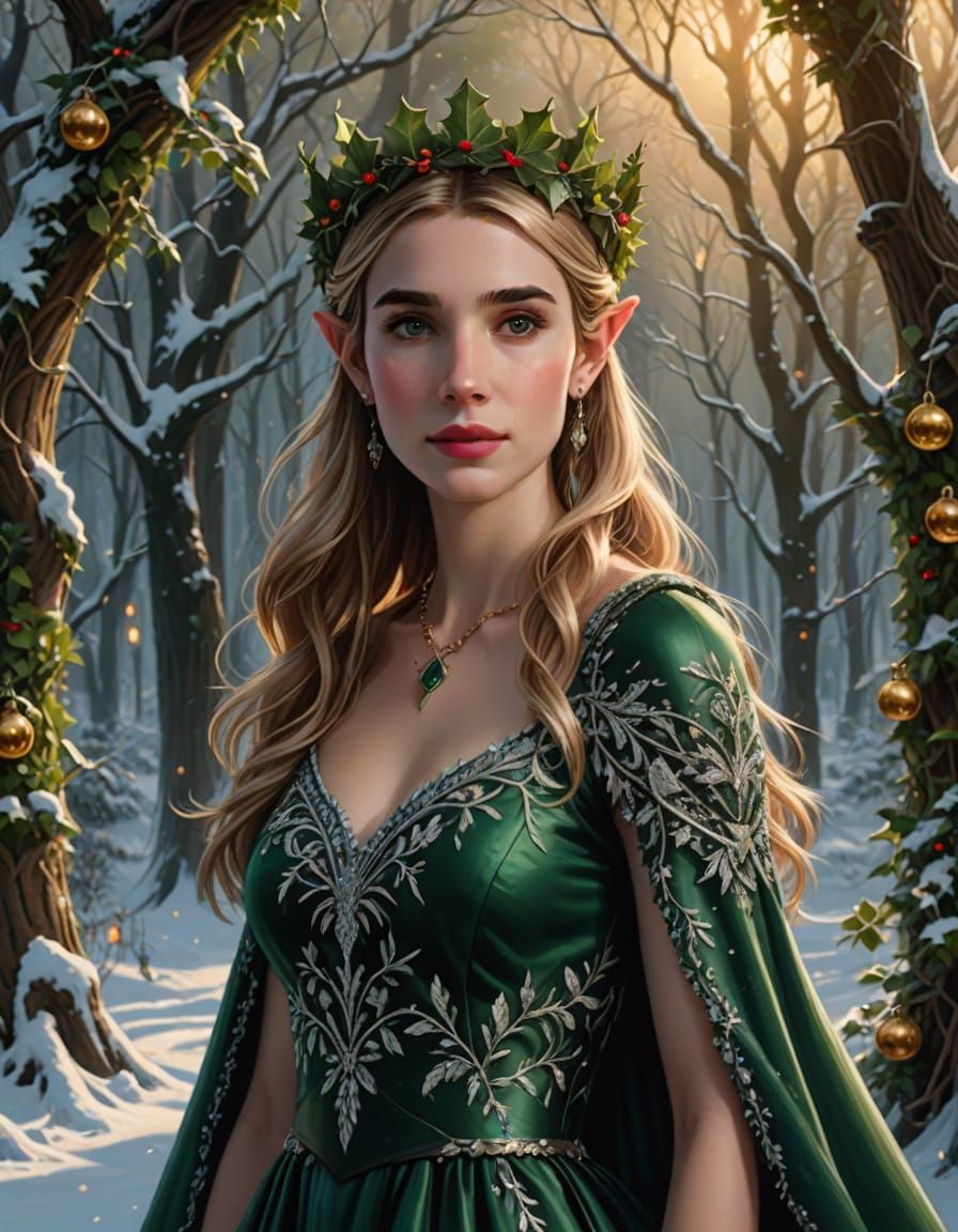 Elf Princess Emma Roberts in Snowy Forest, Holiday Magic