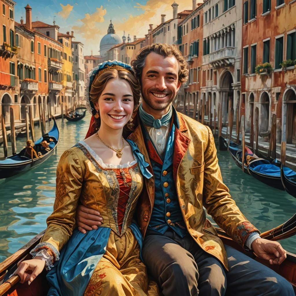 Venice Gondola Couple in Canaletto Style