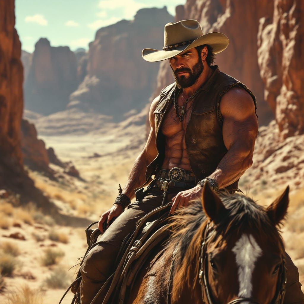 Handsome Cowboy Riding Horse in Sun-Drenched Canyon