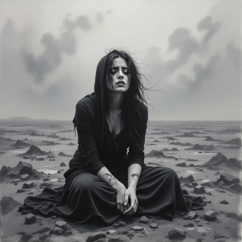 Anguished Woman in Stormy Landscape: Charcoal Art