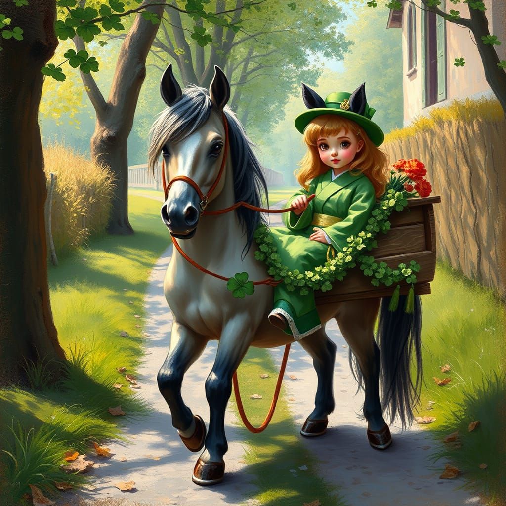 Bai Poney Pulls Decorated Cart with Girl in Green Hat