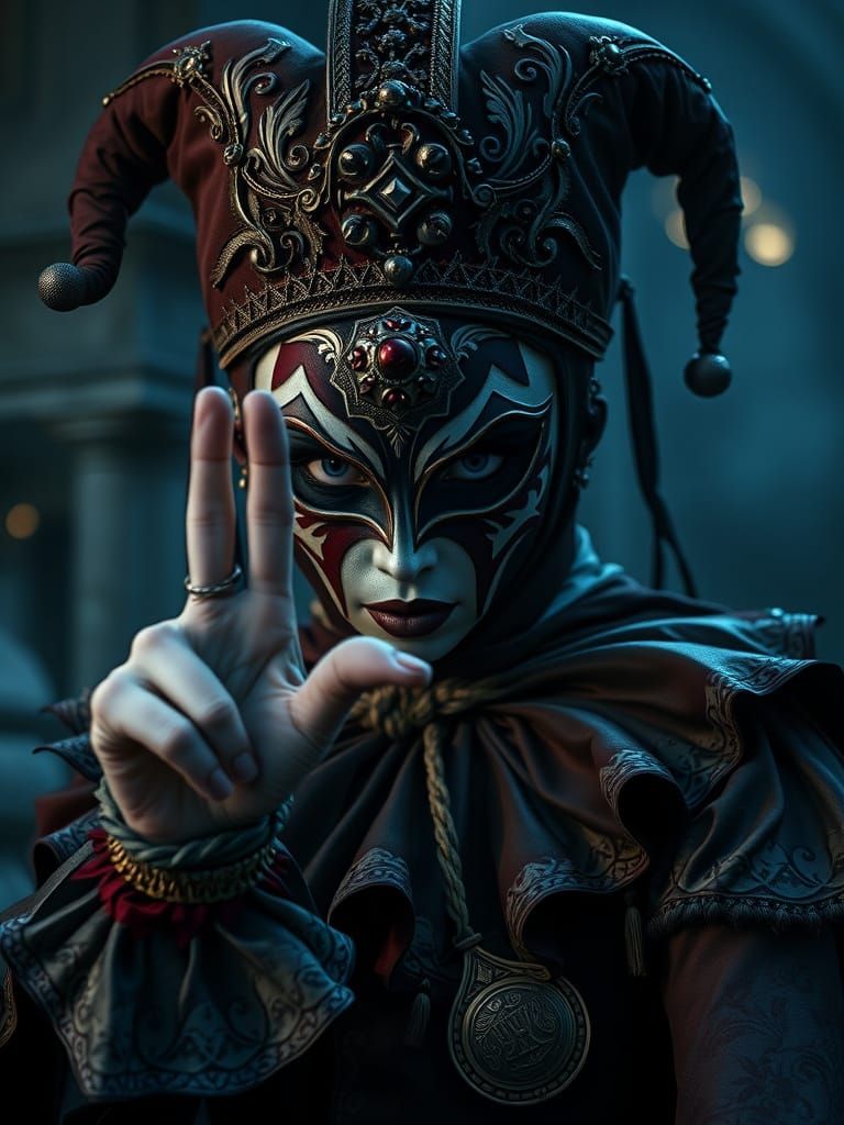 Eerie Harlequin Woman Commands Silence in Cinematic Style