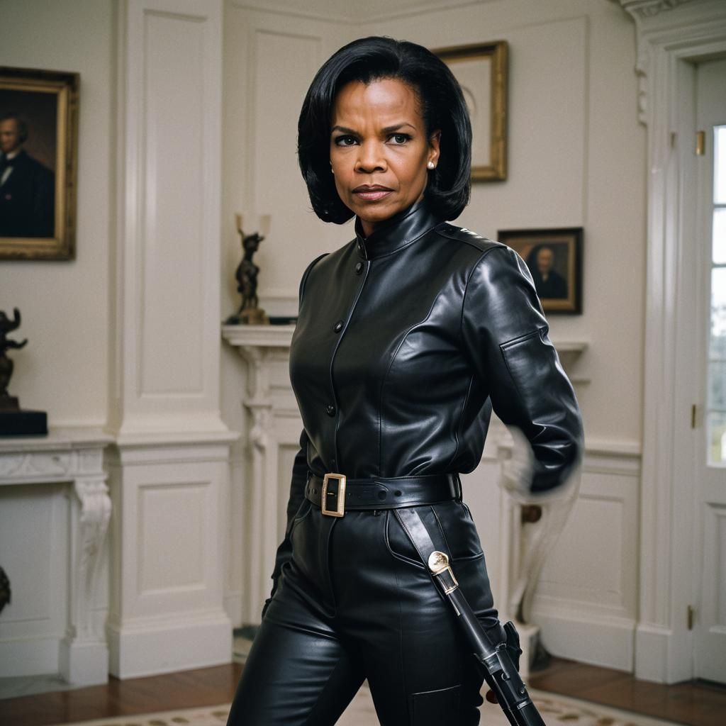 Condoleezza Rice, strict, arrogant, black german leather uniform, black leather riding boots, black leather gloves, leat...