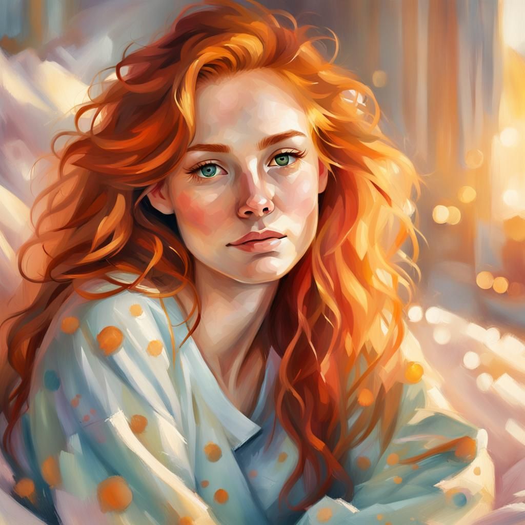 Ginger Hair Girl in Pajamas, Oil Painting