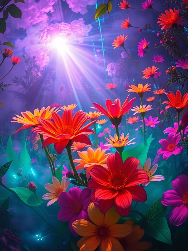 Exotic Flower Garden with Bioluminescent Accents