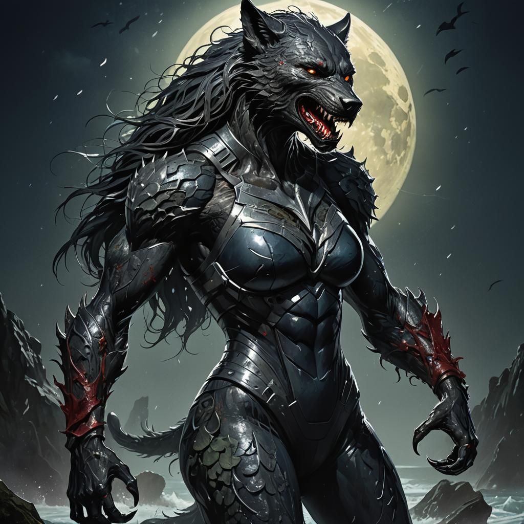 Werewolf Surfer at Night in Anime Style
