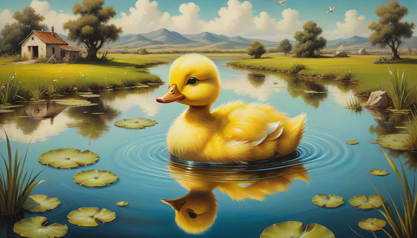 Surreal Duckling Glides in a Dreamlike Rural Landscape