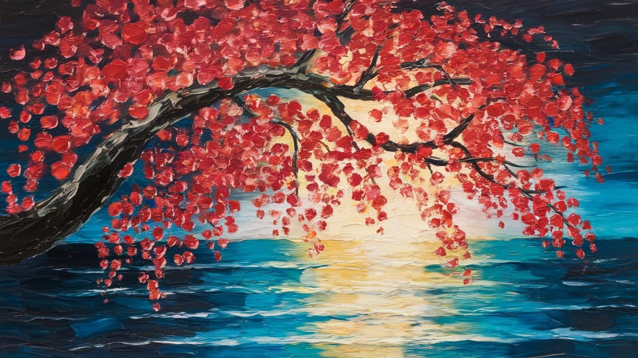 Impressionistic Cherry Blossom Tree Against Dark Blue Sky