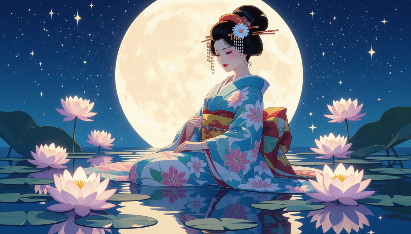 Celestial Geisha with Glowing Water Lilies
