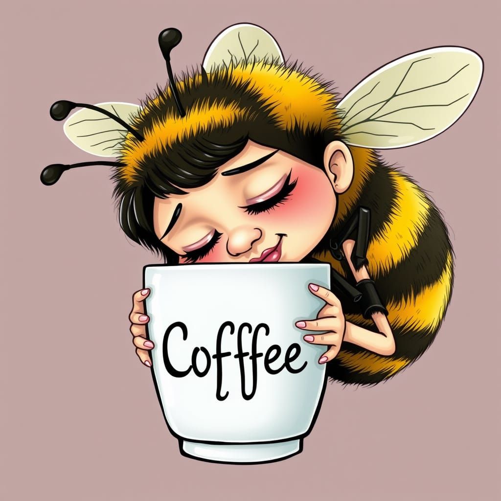 Sleepy bumblebee girl clutching a coffee cup with a word "coffee" on it