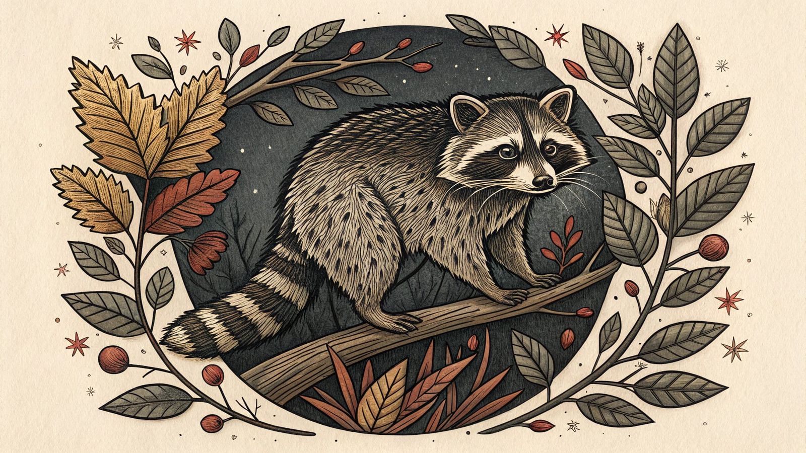 Sailor Jerry-Inspired Woodcut of a Raccoon in a Natural Scen...