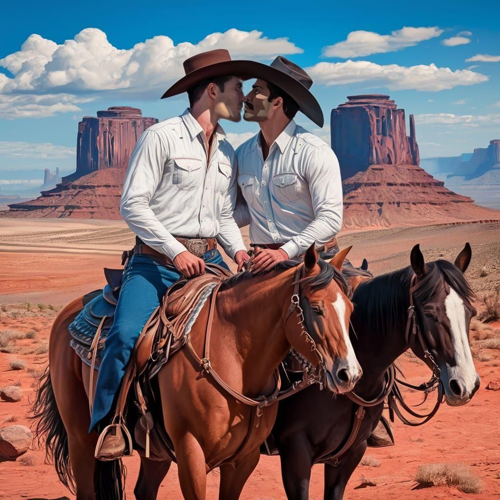 Gay Cowboy Couple Kiss in Monument Valley