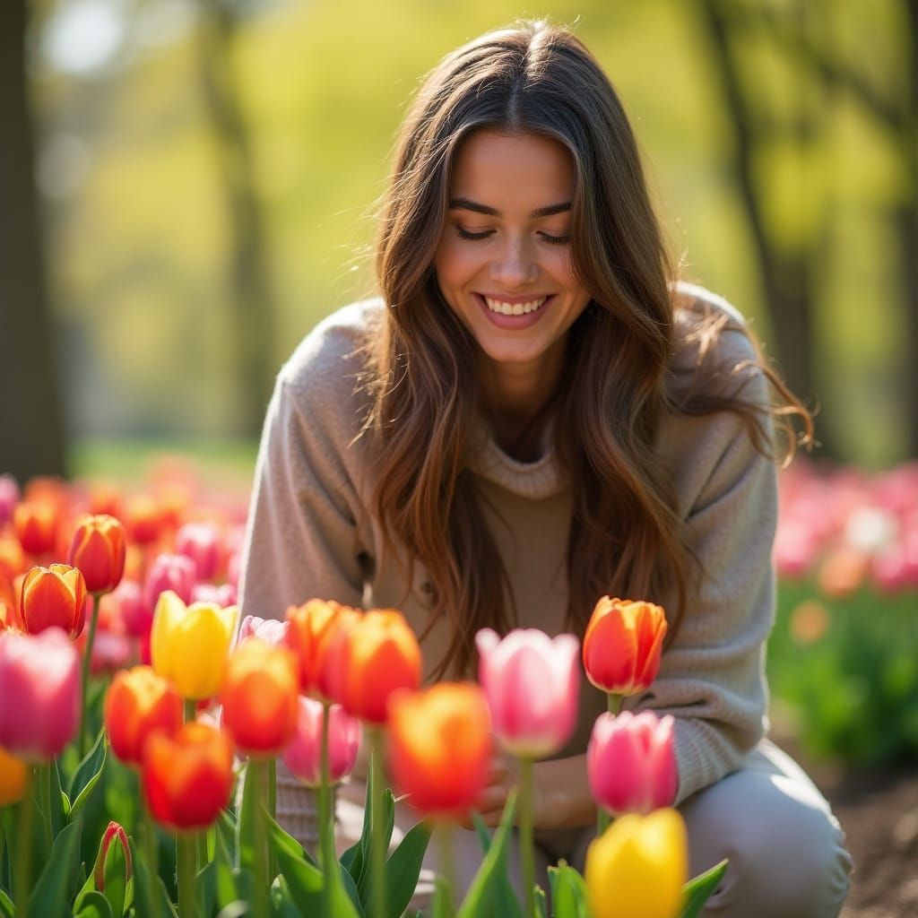 Beautiful Young Woman Tending to Tulip Garden in Vibrant Spr...