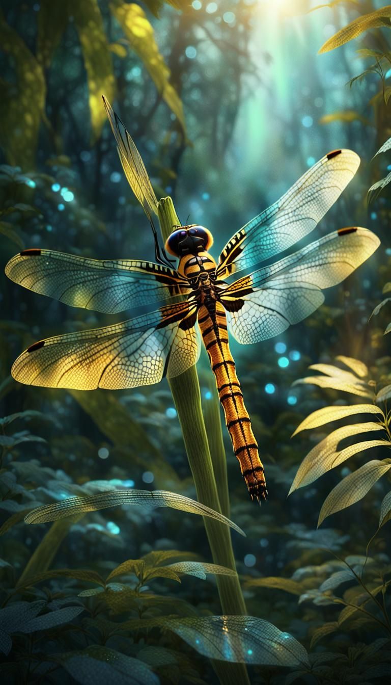 Tiger-Dragonfly Hybrid in Jungle, Fantasy Art