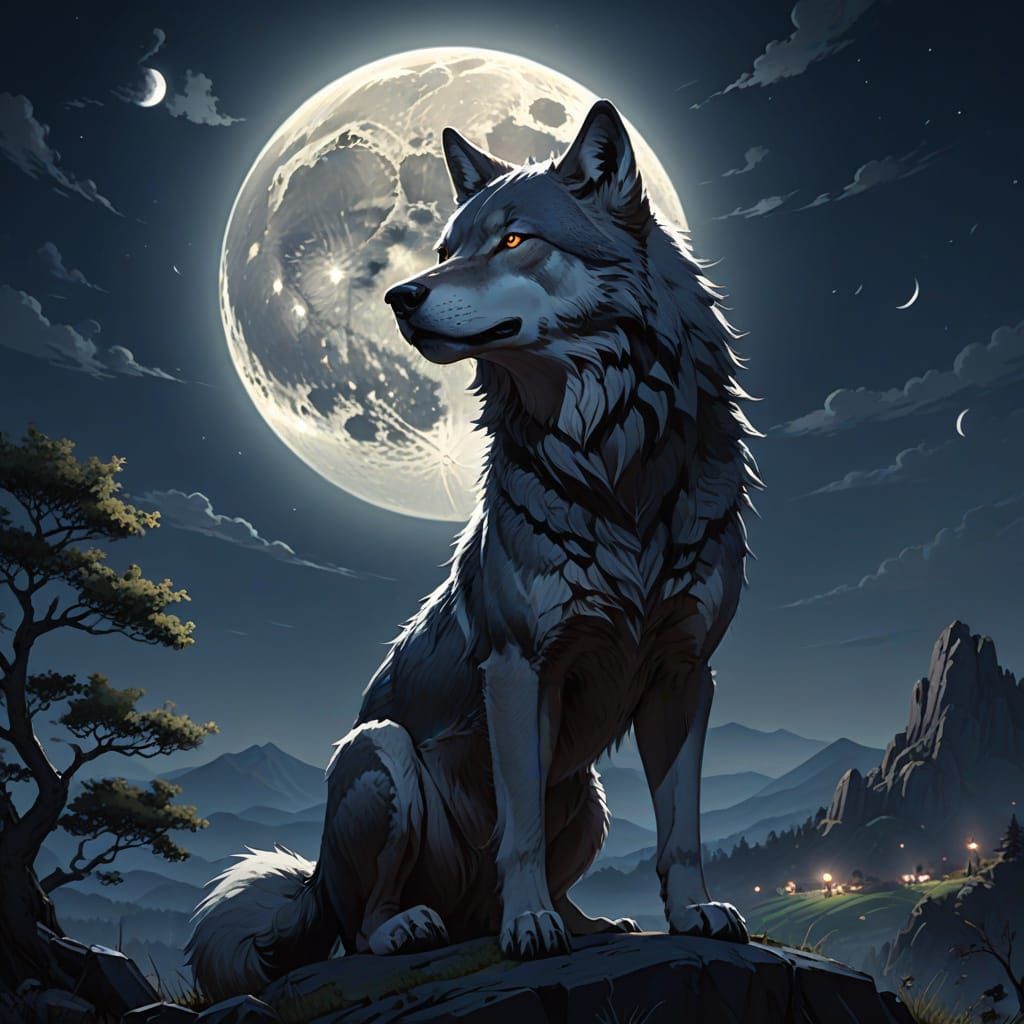 Anime Wolf Howling at Moon on Hilltop in 3D Art
