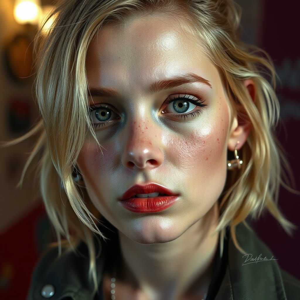 Blonde Woman with Freckles in Hyperrealistic Style