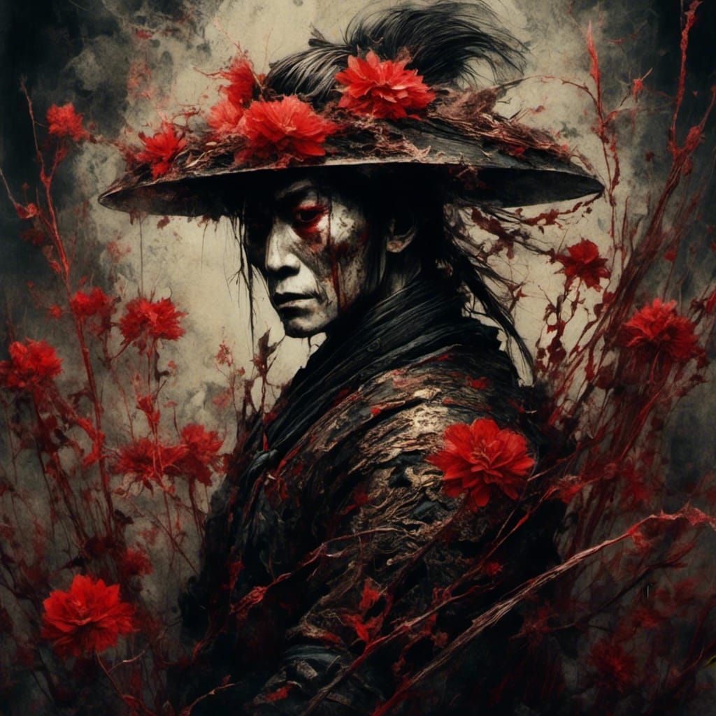 Samurai Warrior in Floral Transparency Digital Art
