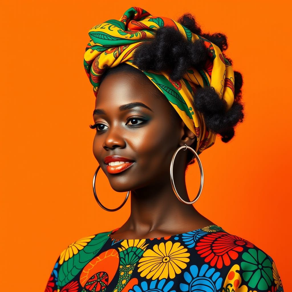 Vibrant Pop Art Portrait of a Black Woman in Colorful Head W...