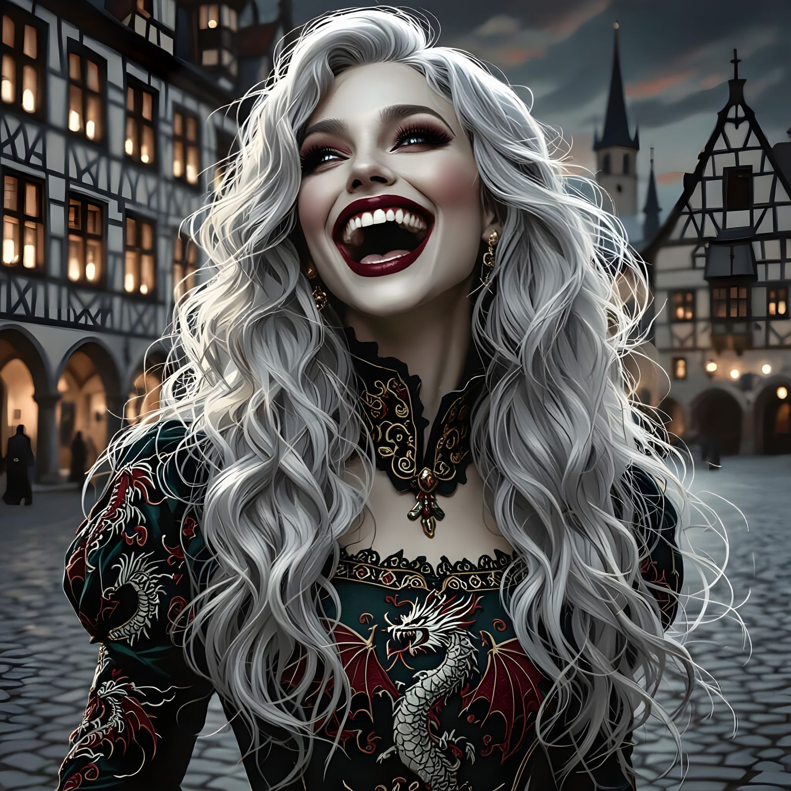 Cheerful Vampire Woman Laughing in Medieval Town Square