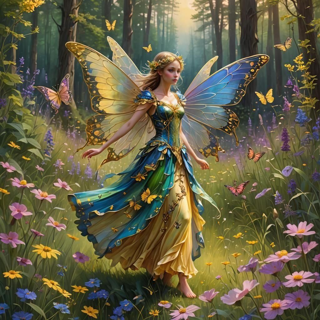 Enchanted Fairy in Wildflower Meadow, Fantasy Art
