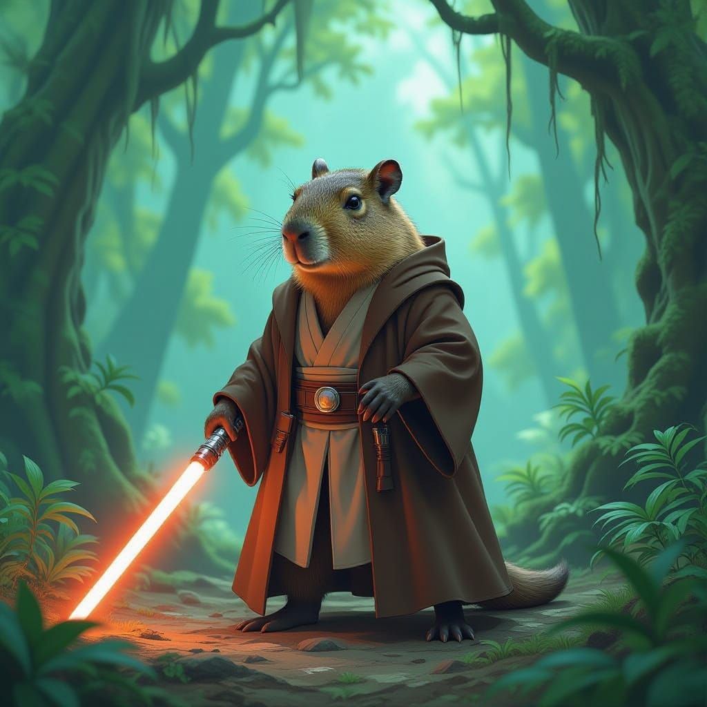 A capybara Jedi with a lightsaber