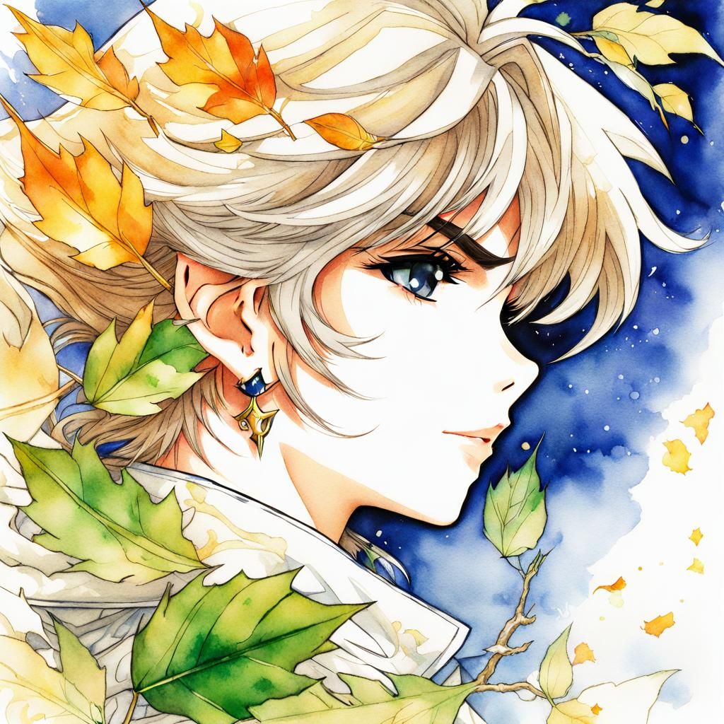 Watercolor Anime Girl in Autumn Leaves